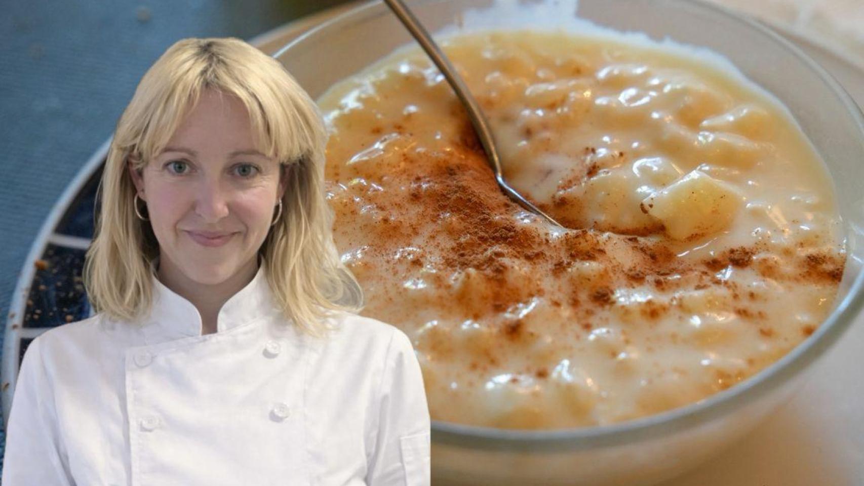 Maialen junto a un arroz con leche.
