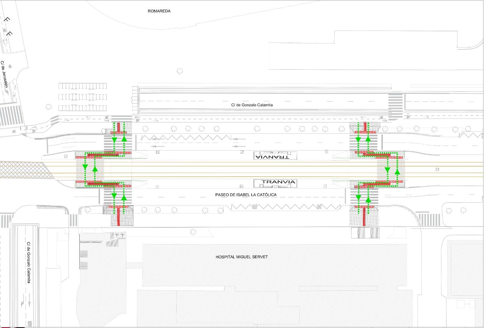Plano del triple paso de cebra que se creará en la parada de La Romareda.