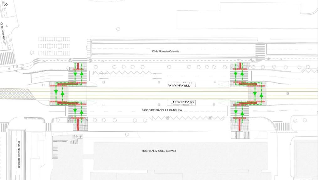Plano del triple paso de cebra que se creará en la parada de La Romareda.