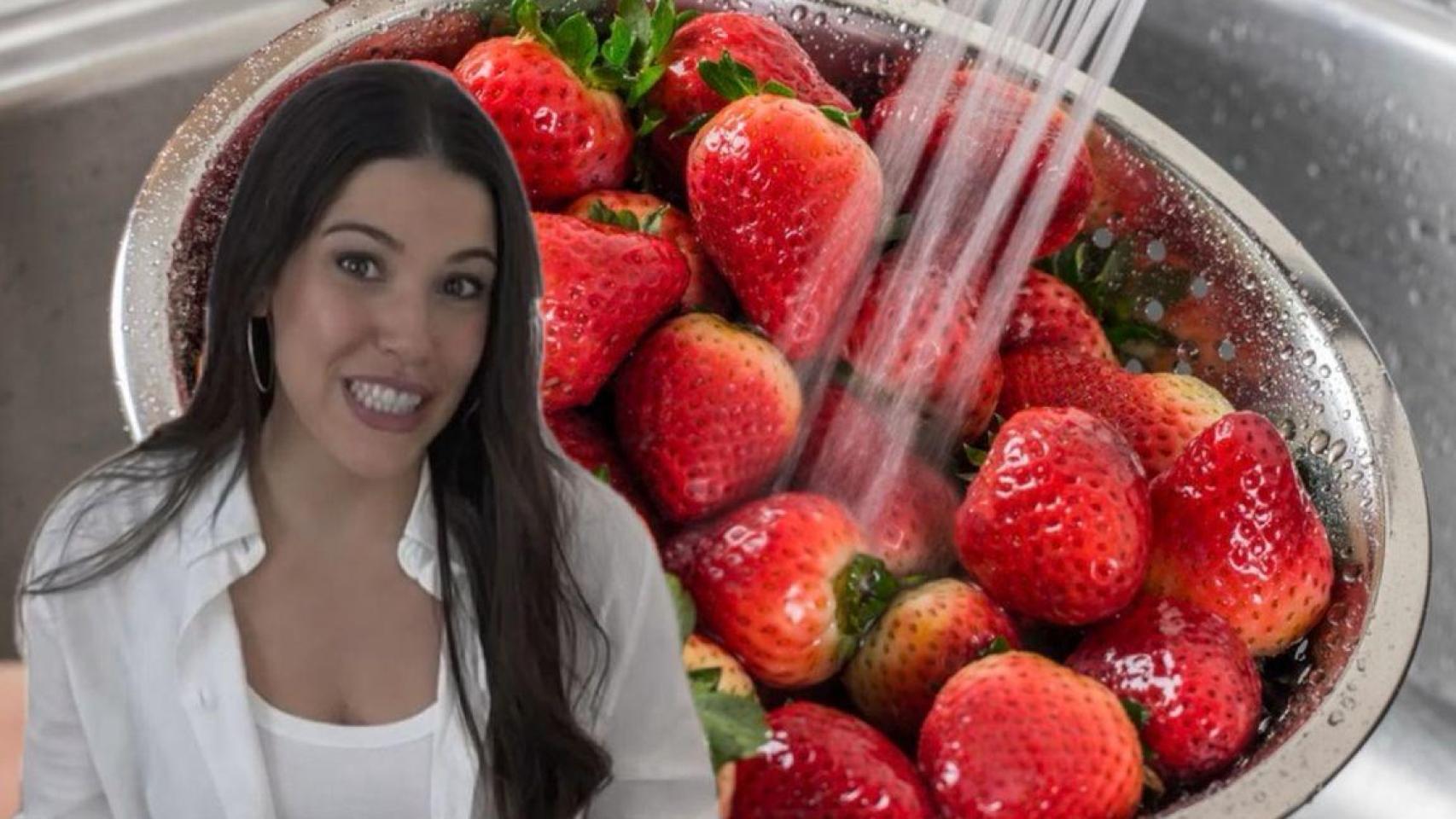 María Pérez junto a un bol de fresas.