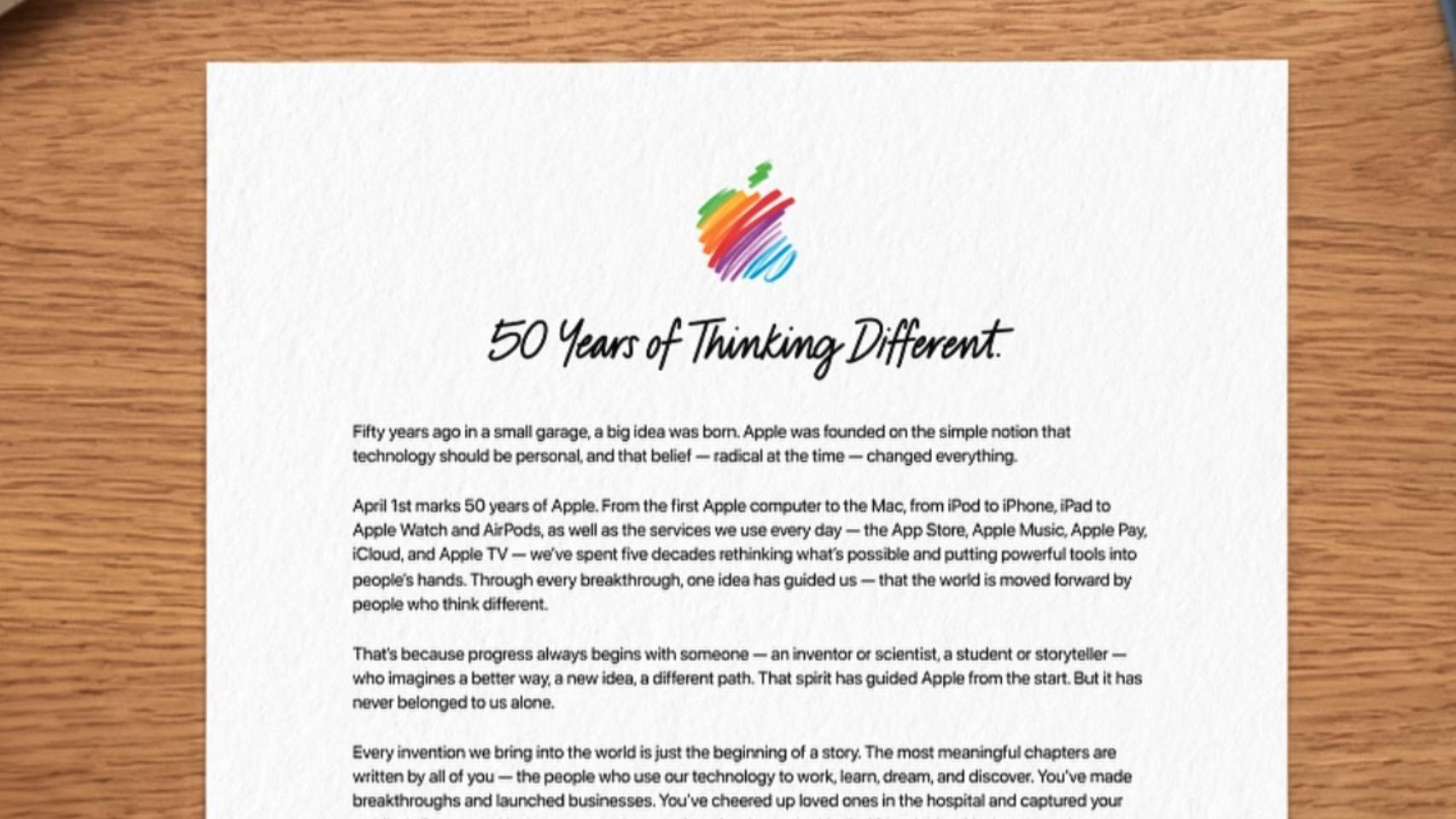 La carta de Tim Cook para conmemorar el 50 aniversario de Apple: El mundo avanza gracias a quienes piensan diferente