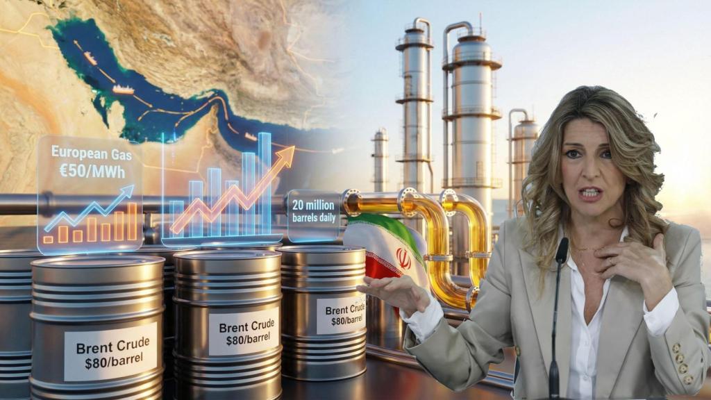 Fotomontaje de Yolanda Díaz,  vicepresidenta segunda y ministra de Trabajo y Economía Social, con un fondo que representa el conflicto en Oriente Próximo.