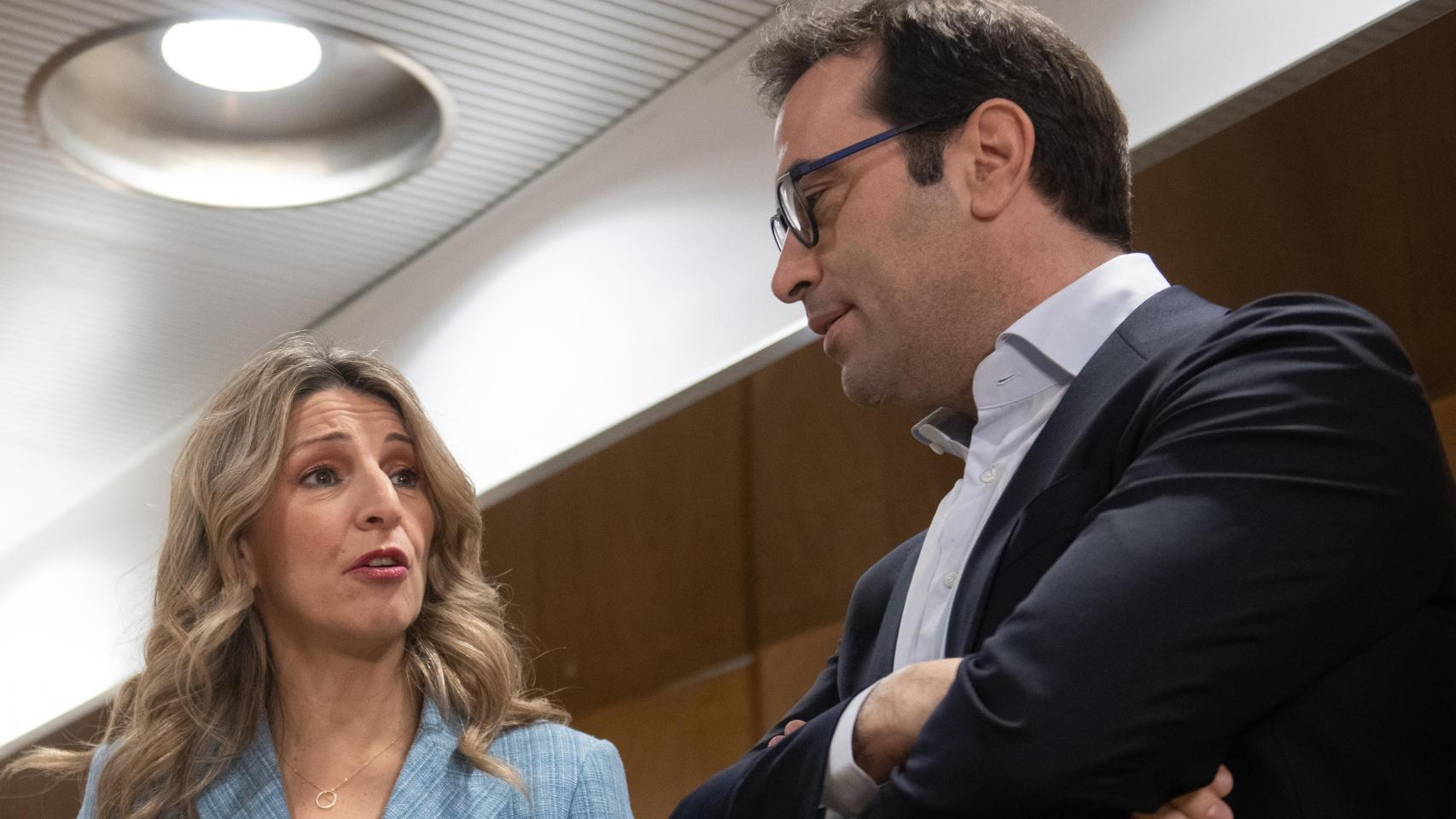 Los ministros de Trabajo y Economía, Yolanda Díaz y Carlos Cuerpo, este jueves en Madrid.