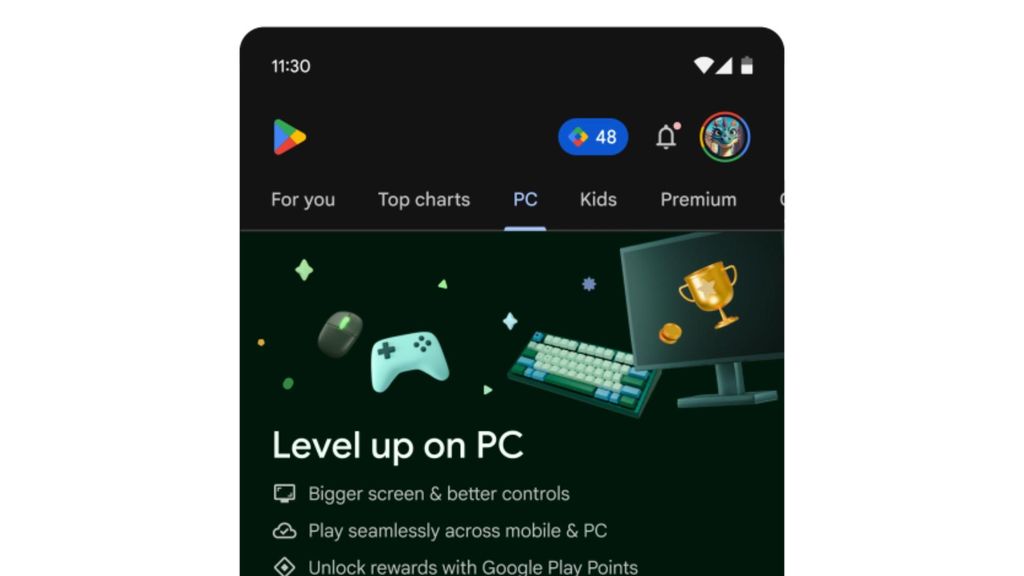 La nueva pestaña dedicada a los juegos que se pueden jugar en PC en la Play Store