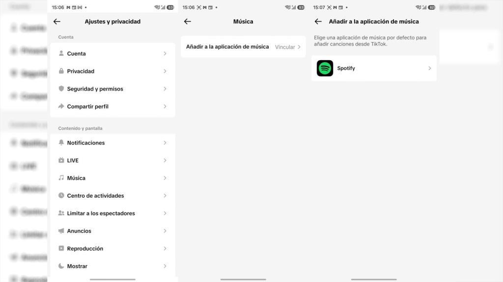 Imagen que muestra los pasos a seguir para conectar Spotify en TikTok