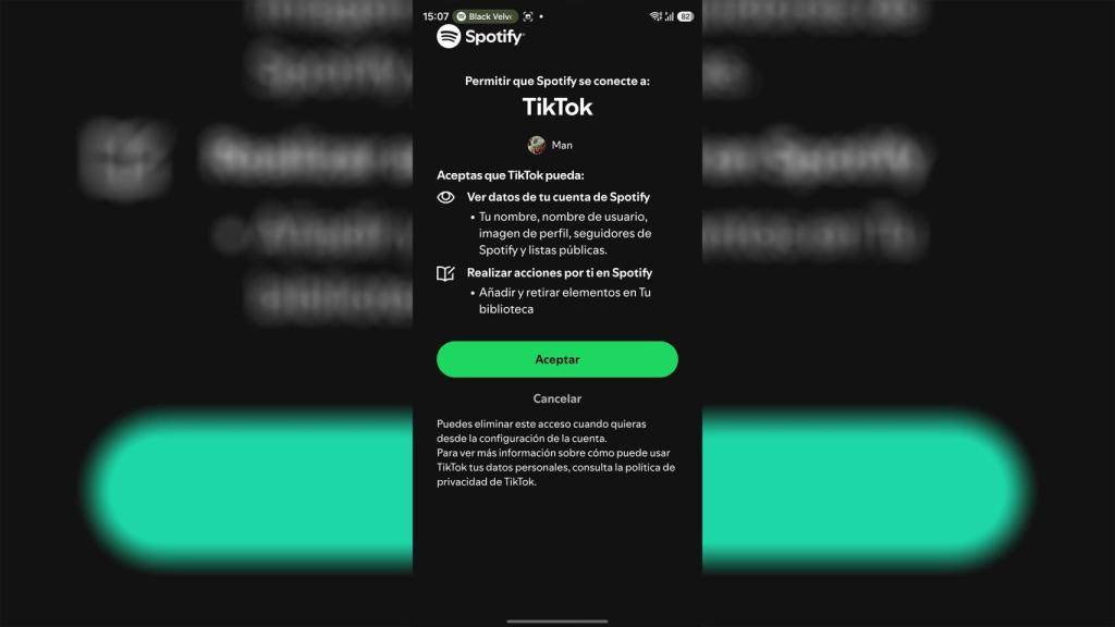 La pantalla de autorización de permisos de Spotify en TikTok
