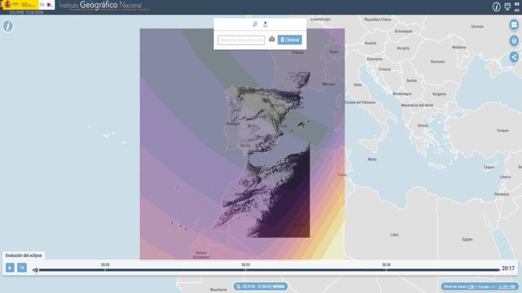 Captura de pantalla del localizador de la trayectoria de los eclipses de la web Trío de Eclipses.