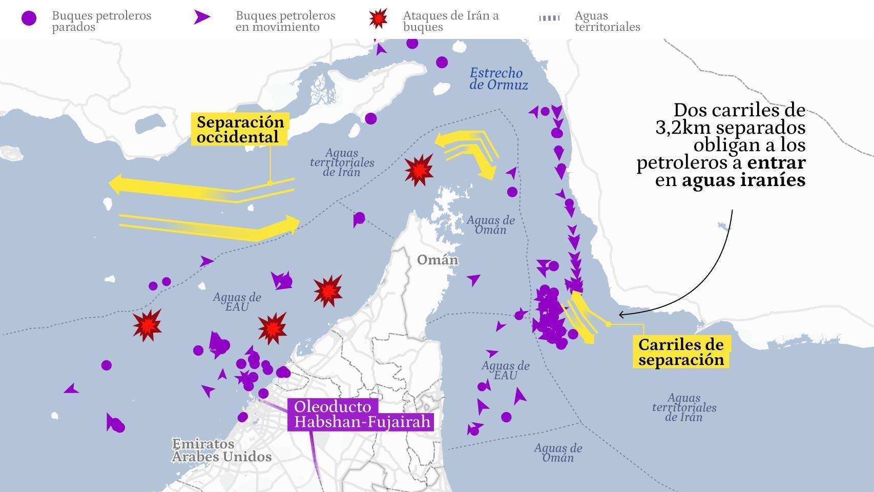 Tráfico marítimo en el estrecho de Ormuz y ataques a buques.