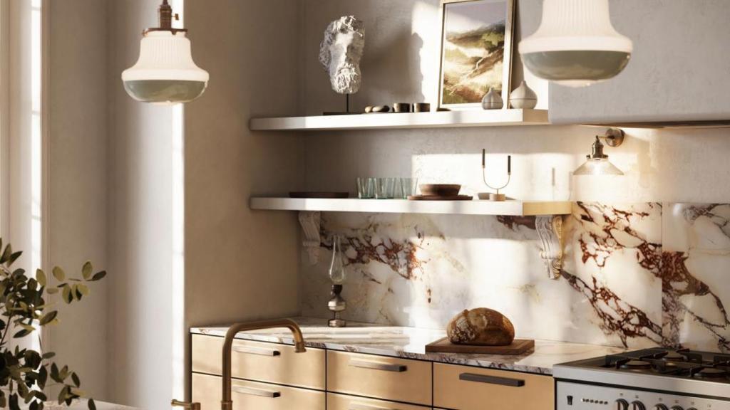 Cocina con pared imitación cemento.