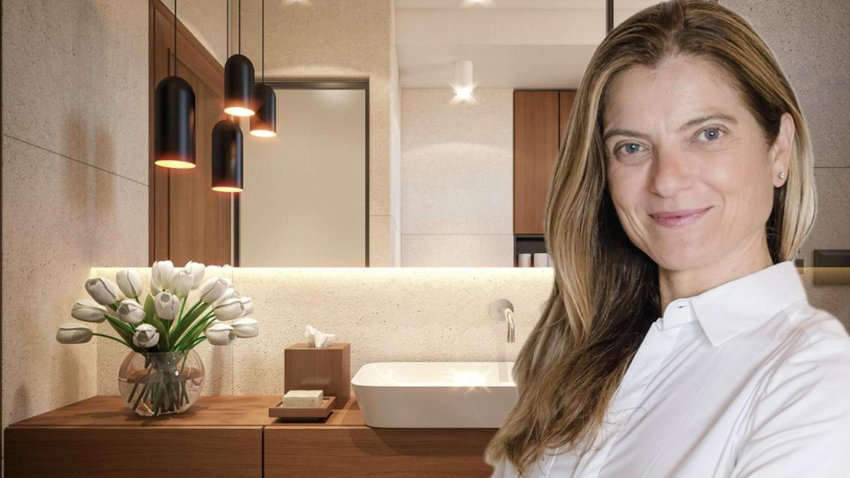 Marina Zamora y un baño de diseño moderno.