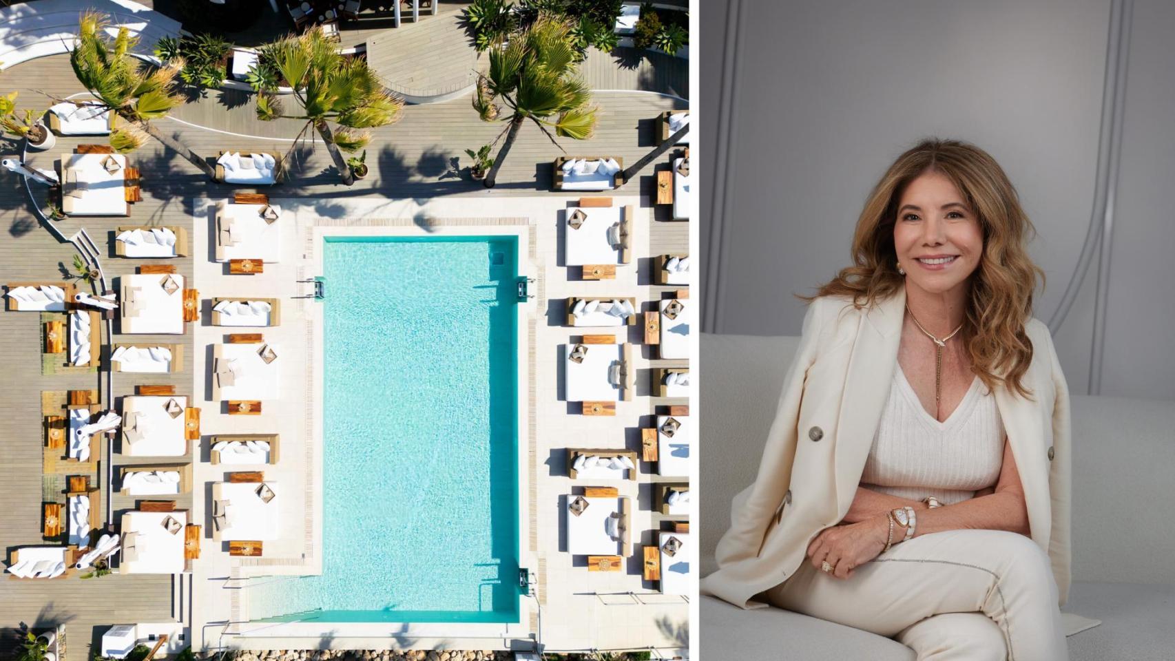 Un montaje con una imagen de Nikki Beach Marbella y Lucía Penrod.