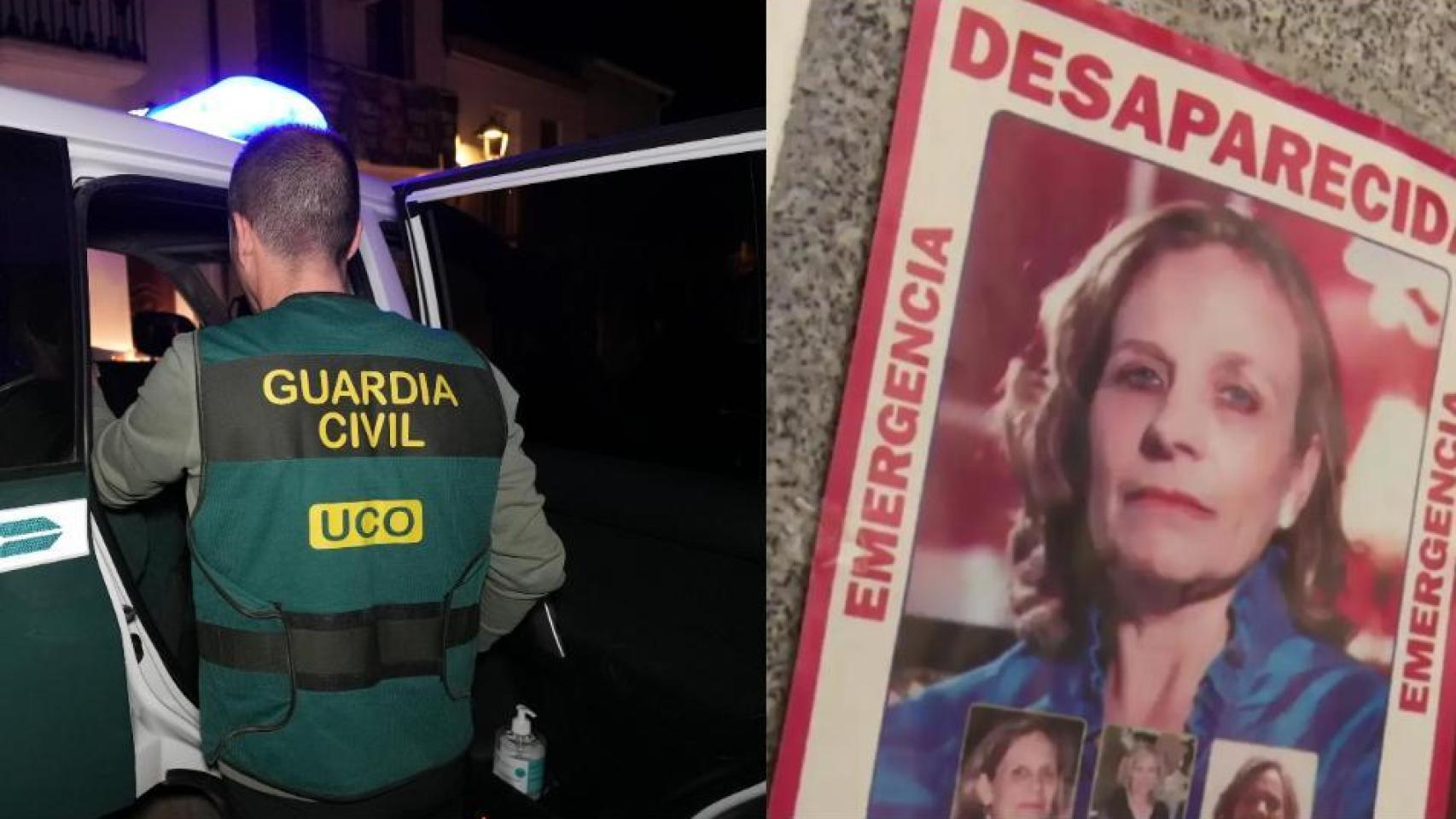 Agentes de la UCO, en Hornachos (Badajoz). A la derecha, una foto de la víctima.