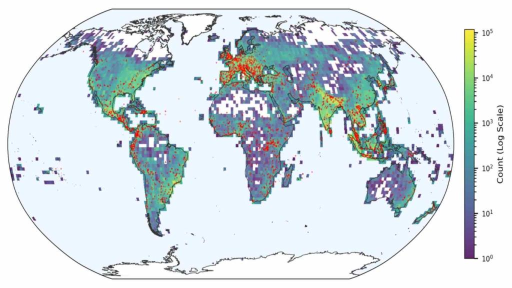 Mapa global que muestra la densidad de inundaciones en Groundsource.