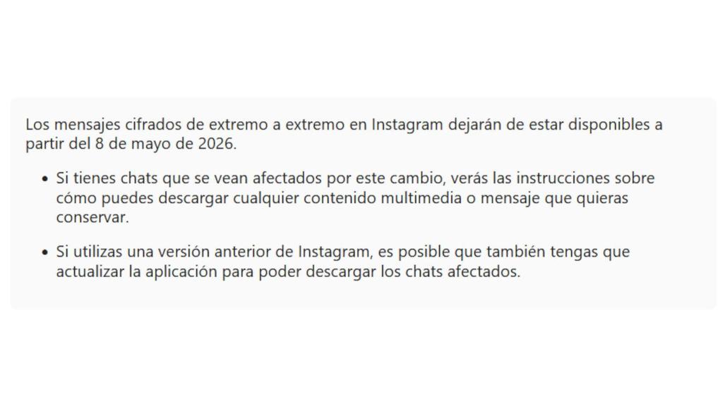 Aviso de Meta en la página de soporte de Instagram