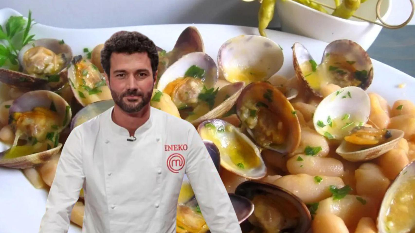 Eneko y un plato de alubias con almejas.