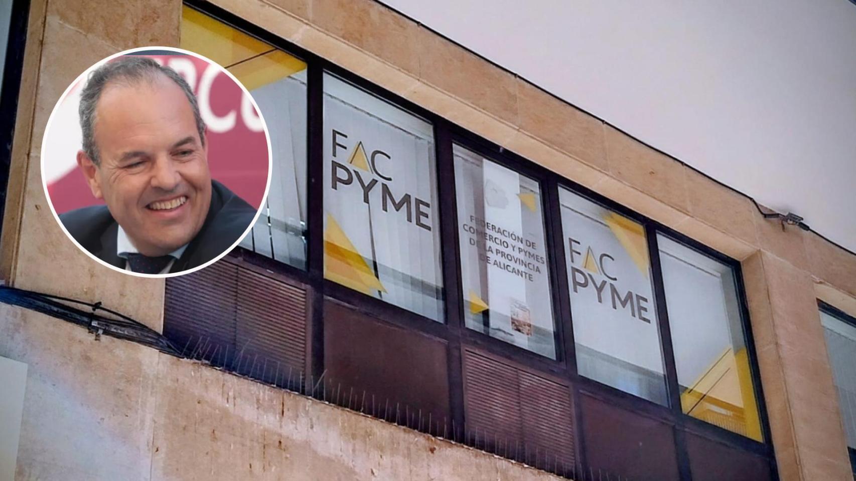 El presidente de Facpyme Alicante, Carlos Baño, y una imagen de la sede de la organización empresarial