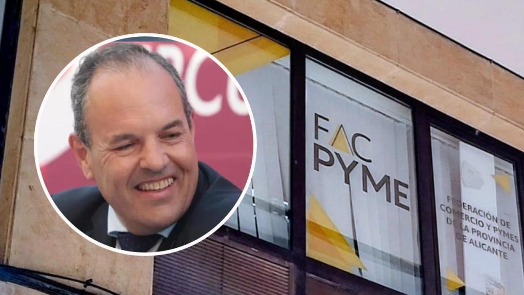 El presidente de Facpyme Alicante, Carlos Baño, y una imagen de la sede de la organización empresarial