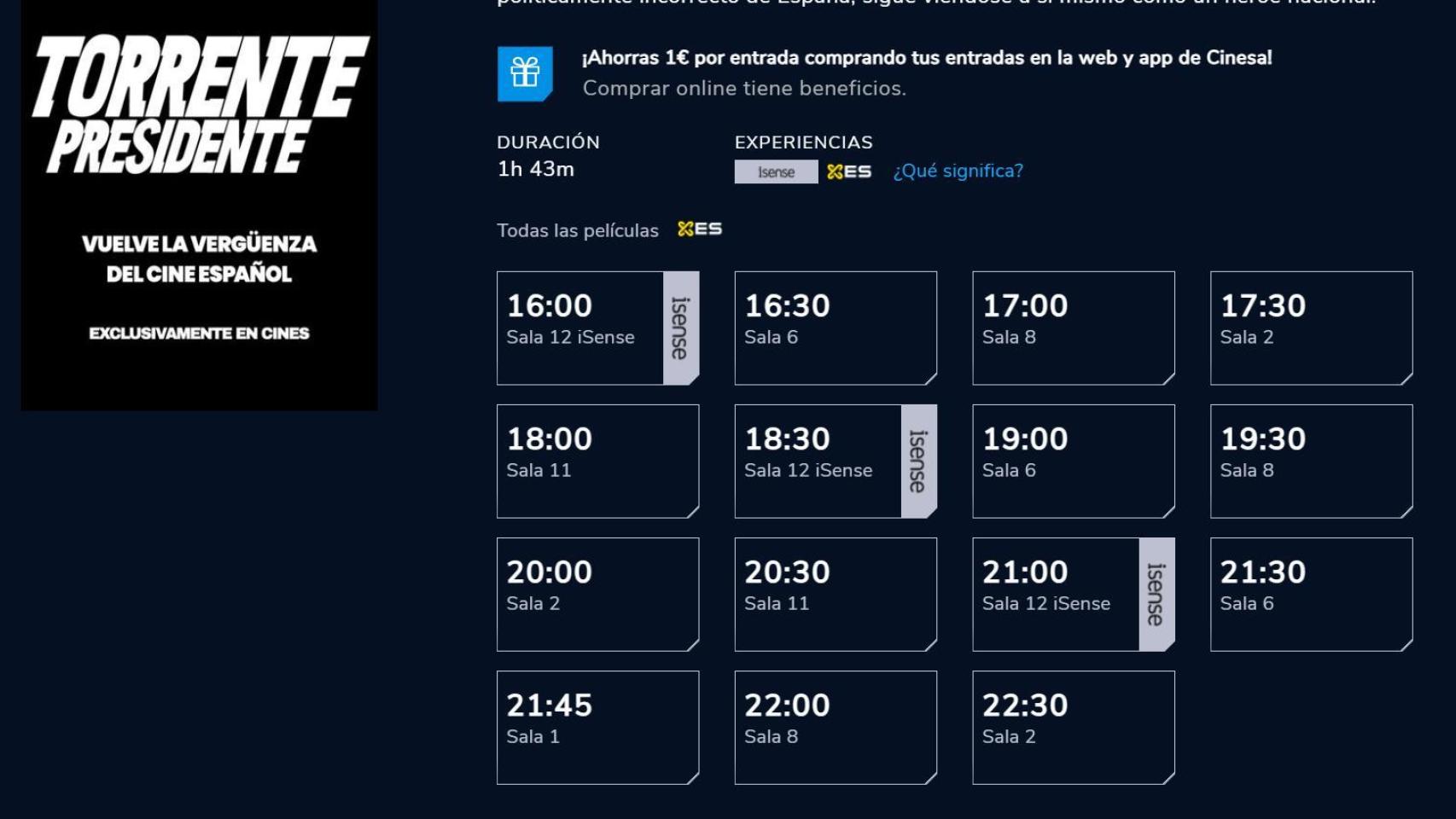 Captura de la página de Cinesa