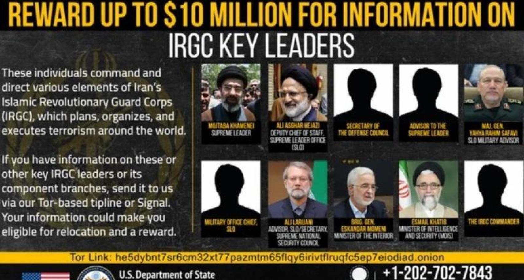 Cartel con los líderes iraníes por lo que EEUU ofrece 10 millones de recompensa por información sobre su paradero.