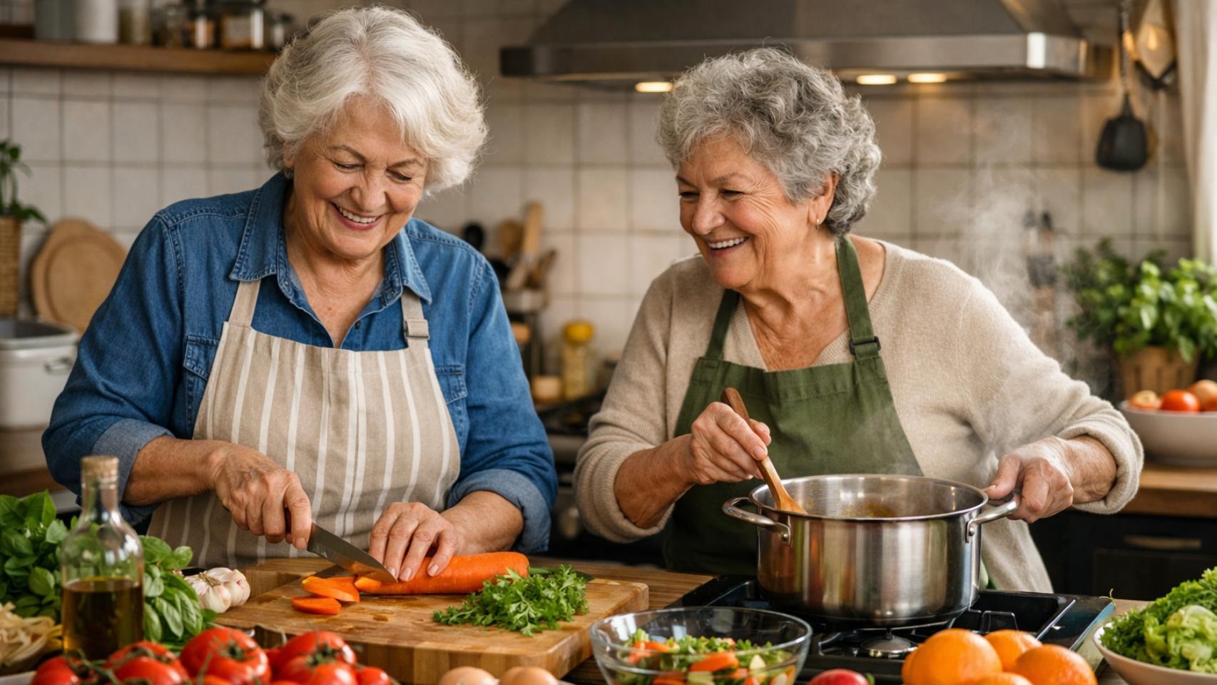 Unas abuelas cocinando productos frescos