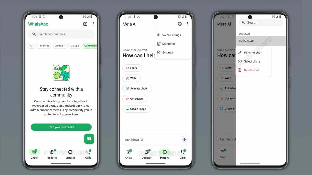 La pestaña de funciones de IA de WhatsApp.