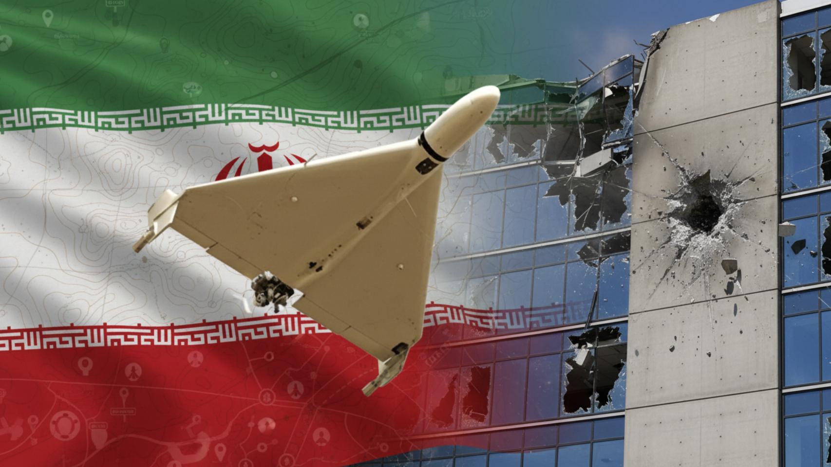 Montaje con la bandera de Irán, un dron Shahed 136 y un centro de datos.