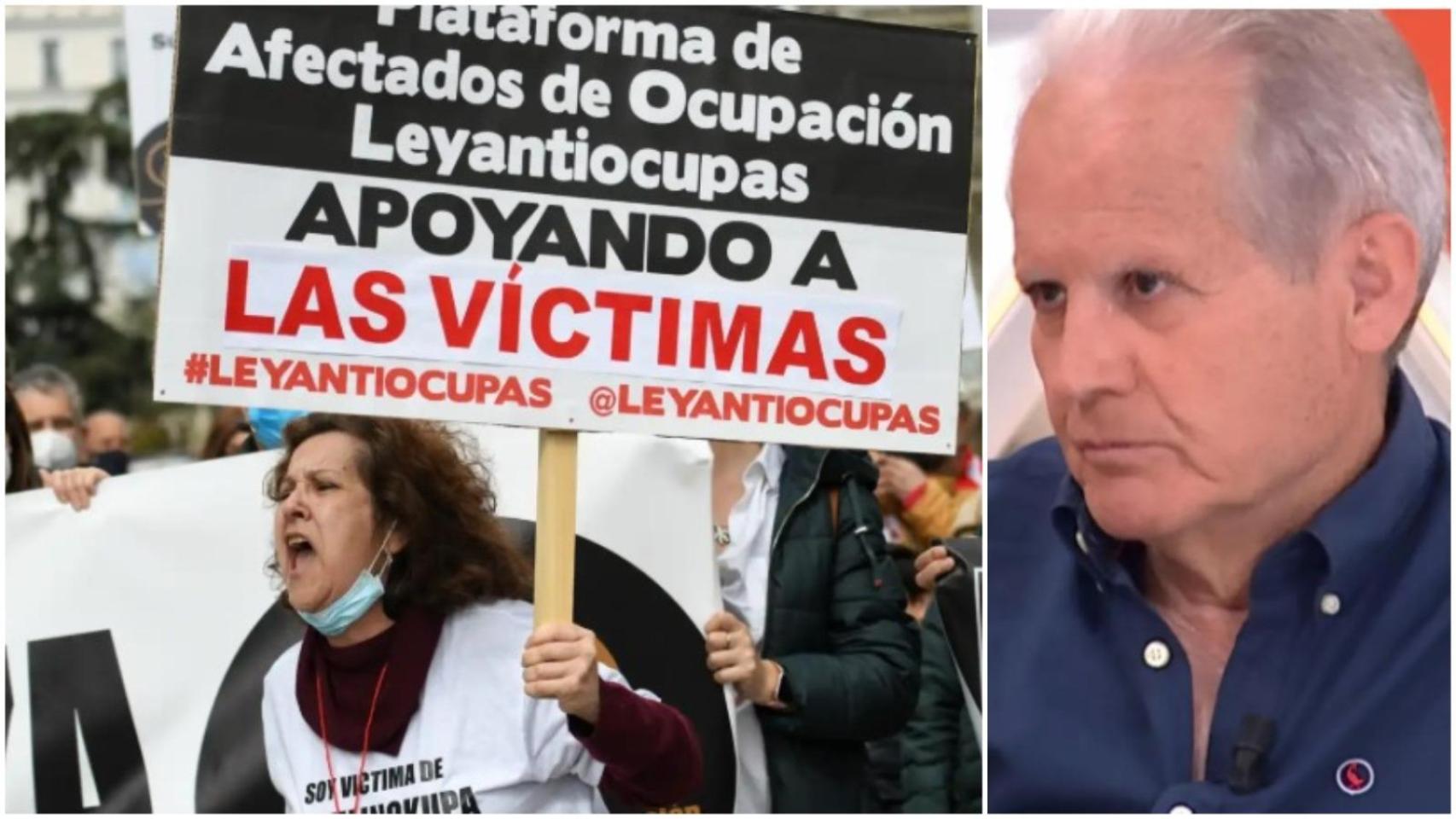 Una mujer en una manifestación de la Plataforma Afectados por la Ocupación y Carmelo Sevilla, portavoz y afectado.