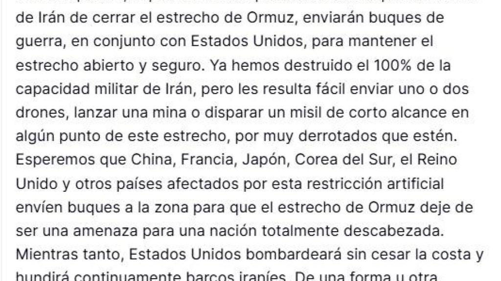 Comunicado del presidente estadounidense, Donald Trump, el 14 de marzo de 2026 en Truth Social