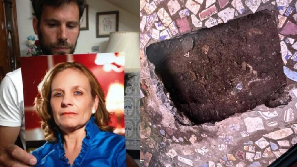 Javier, mostrando un retrato de su madre, y al lado, el patio en el que estaba enterrado el cuerpo de la desaparecida.