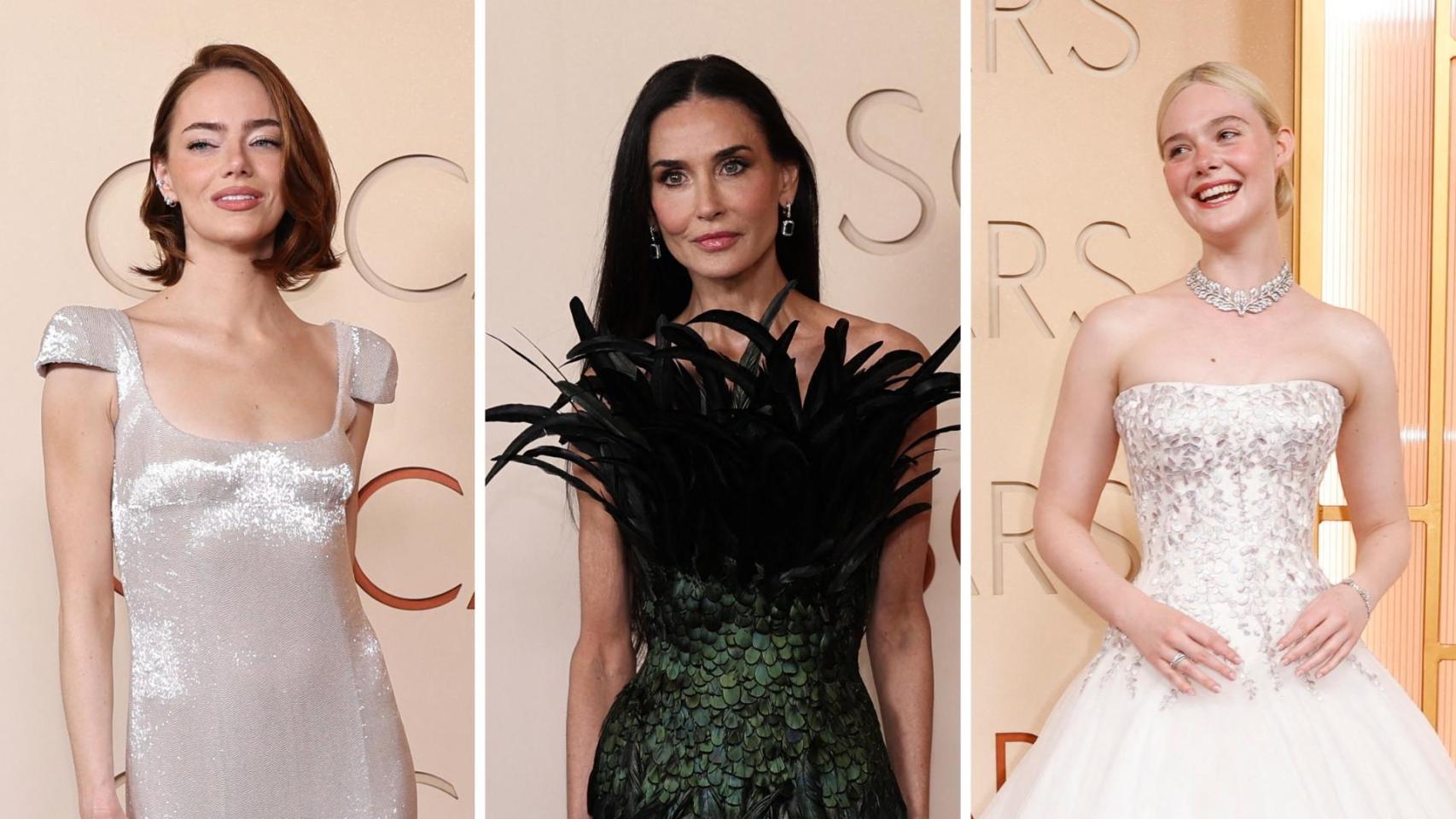 Emma Stone, de Vuitton; Moore, de Schiaparelli; y Elle Fanning, de Givenchy.