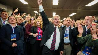 Joan Laporta, triunfal, en el momento de su reelección como presidente del FC Barcelona.