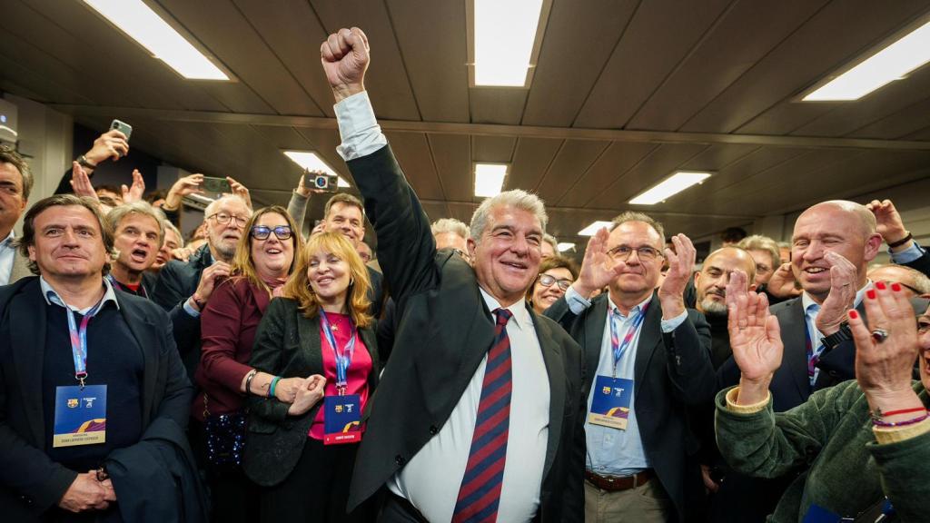 Joan Laporta, triunfal, en el momento de su reelección como presidente del FC Barcelona