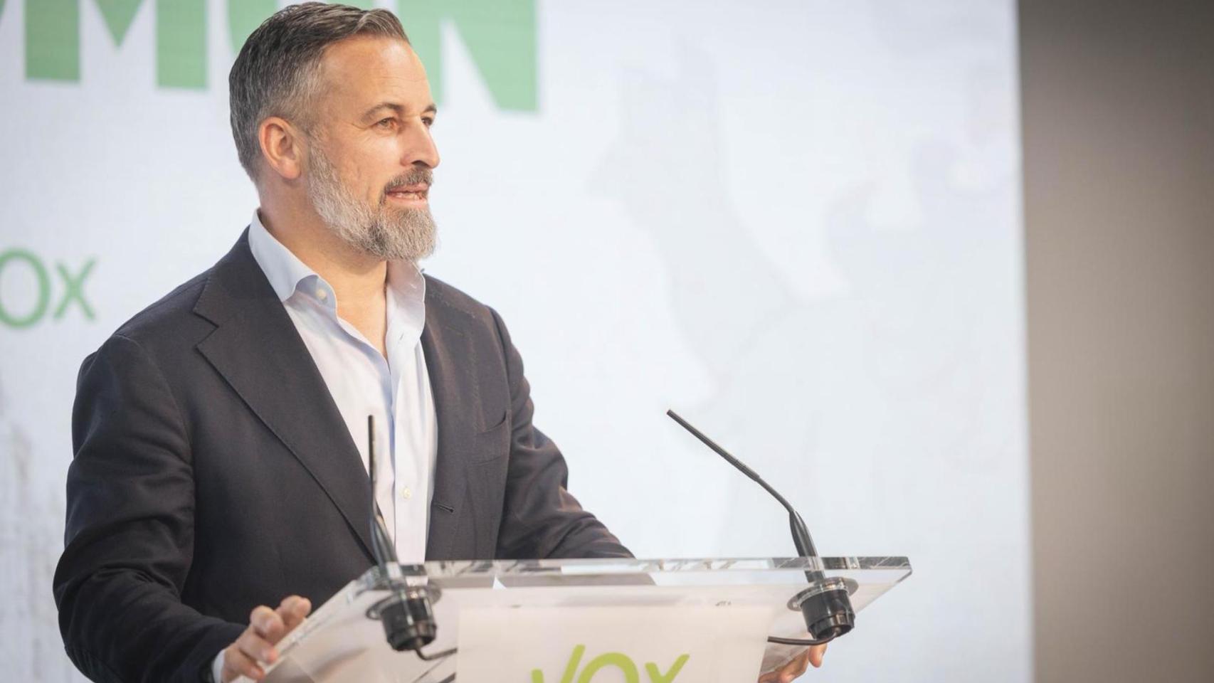 Santiago Abascal este domingo en la sede nacional de Vox en Madrid.