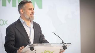 Santiago Abascal este domingo en la sede nacional de Vox en Madrid.