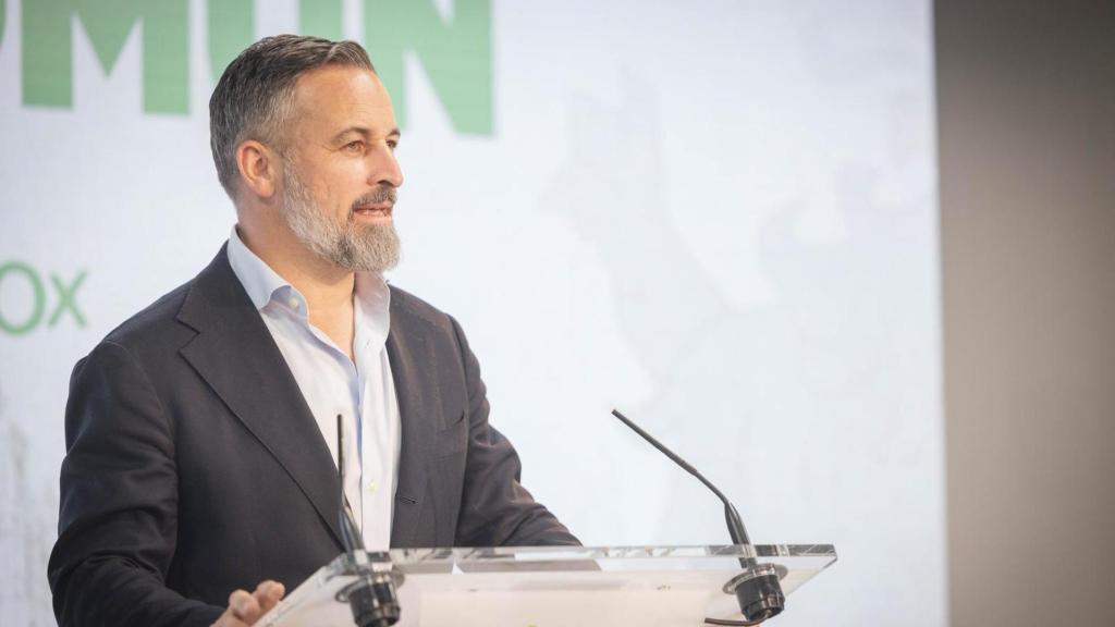 Santiago Abascal este domingo en la sede nacional de Vox en Madrid.