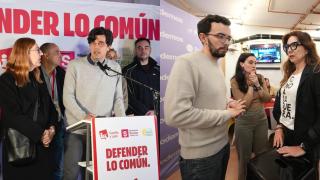 Juan Gascón de IU y Miguel Ángel Llamas de Podemos durante la noche electoral