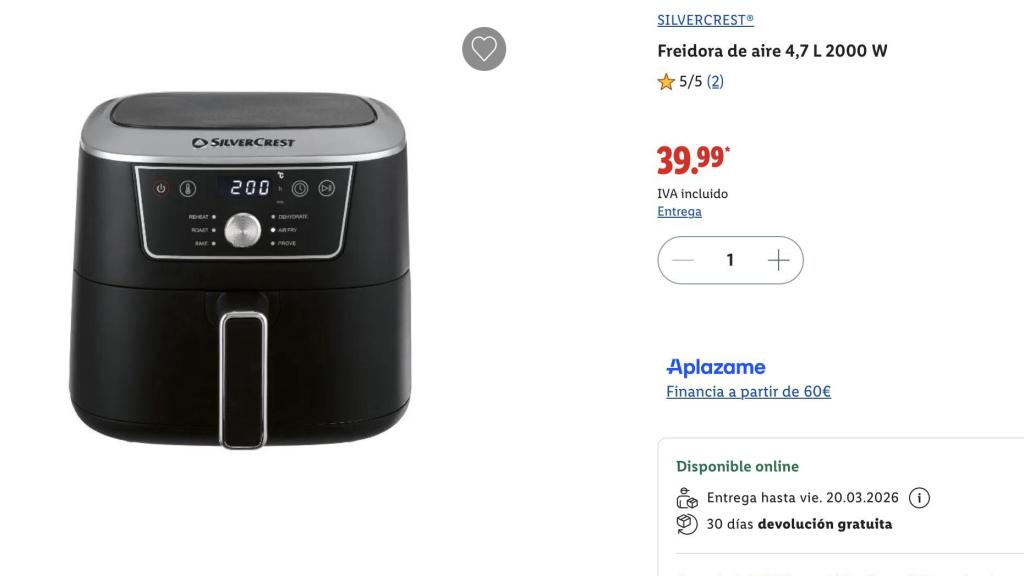 Freidora de aire 4,7 L 2000 W.