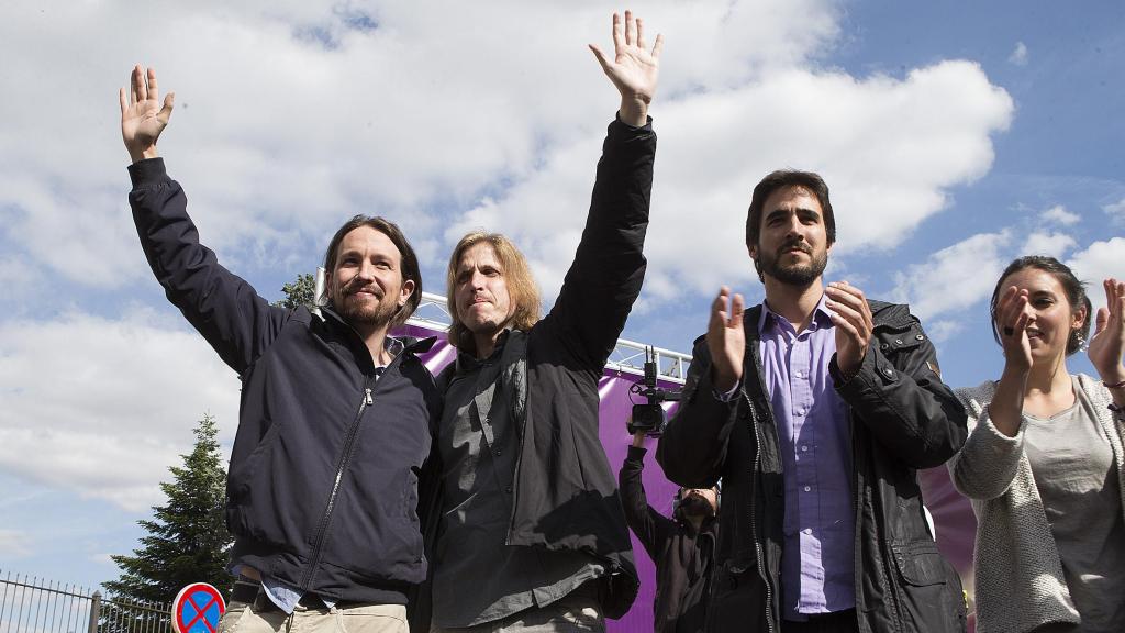 Pablo Iglesias junto a Pablo Fernández, Pedro de Palacio e Irene Montero en 2015 en un acto en Burgos