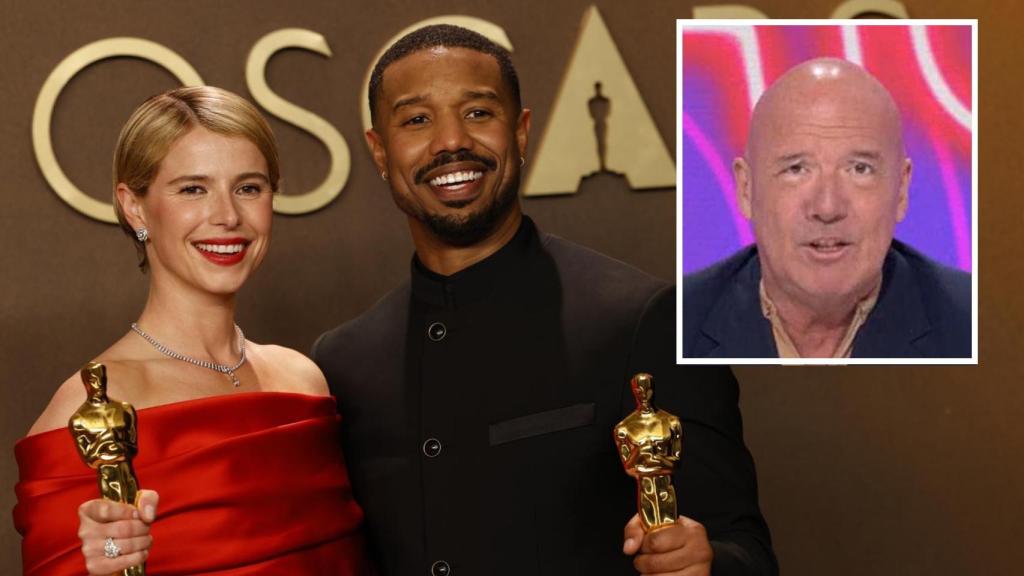 Jessie Buckley y Michael B. Jordan, mejor actriz y mejor actor, y el presentador Alfonso Arús en un montaje.