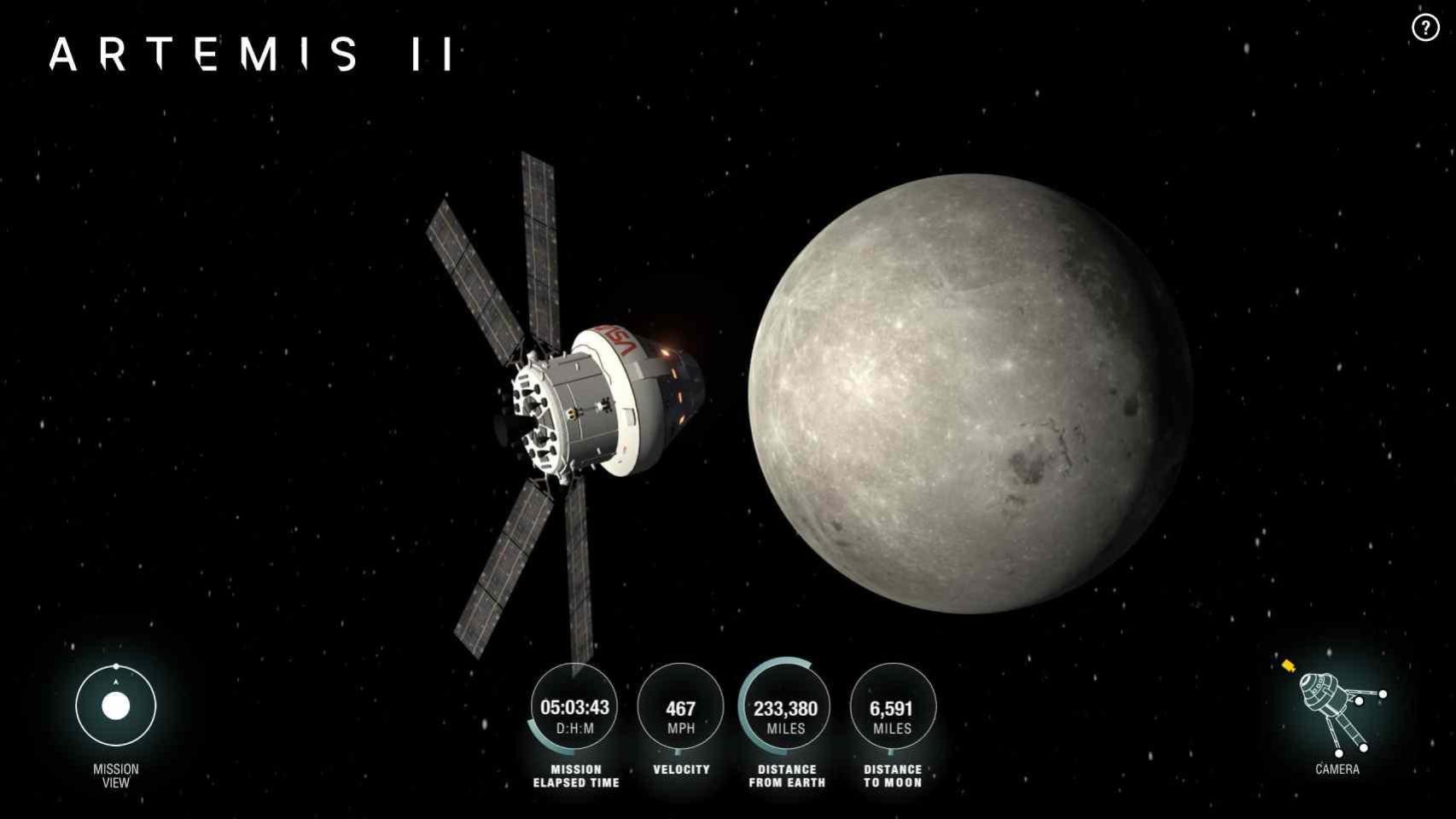 Captura de pantalla de la app AROW para seguir la misión Artemis II en directo.