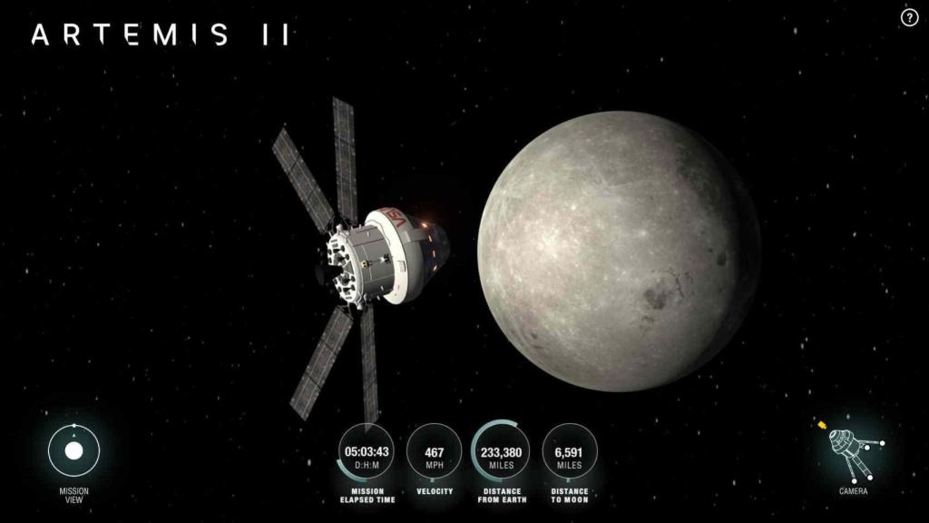 Captura de pantalla de la app AROW para seguir la misión Artemis II en directo.
