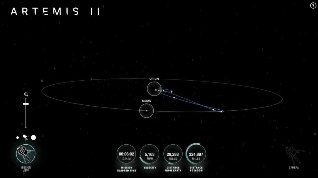 Captura de pantalla de la app AROW para seguir la misión Artemis II en directo. NASA