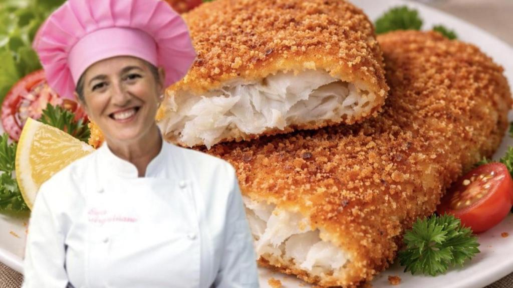 La chef Eva Arguiñano y un plato con pescado rebozado.