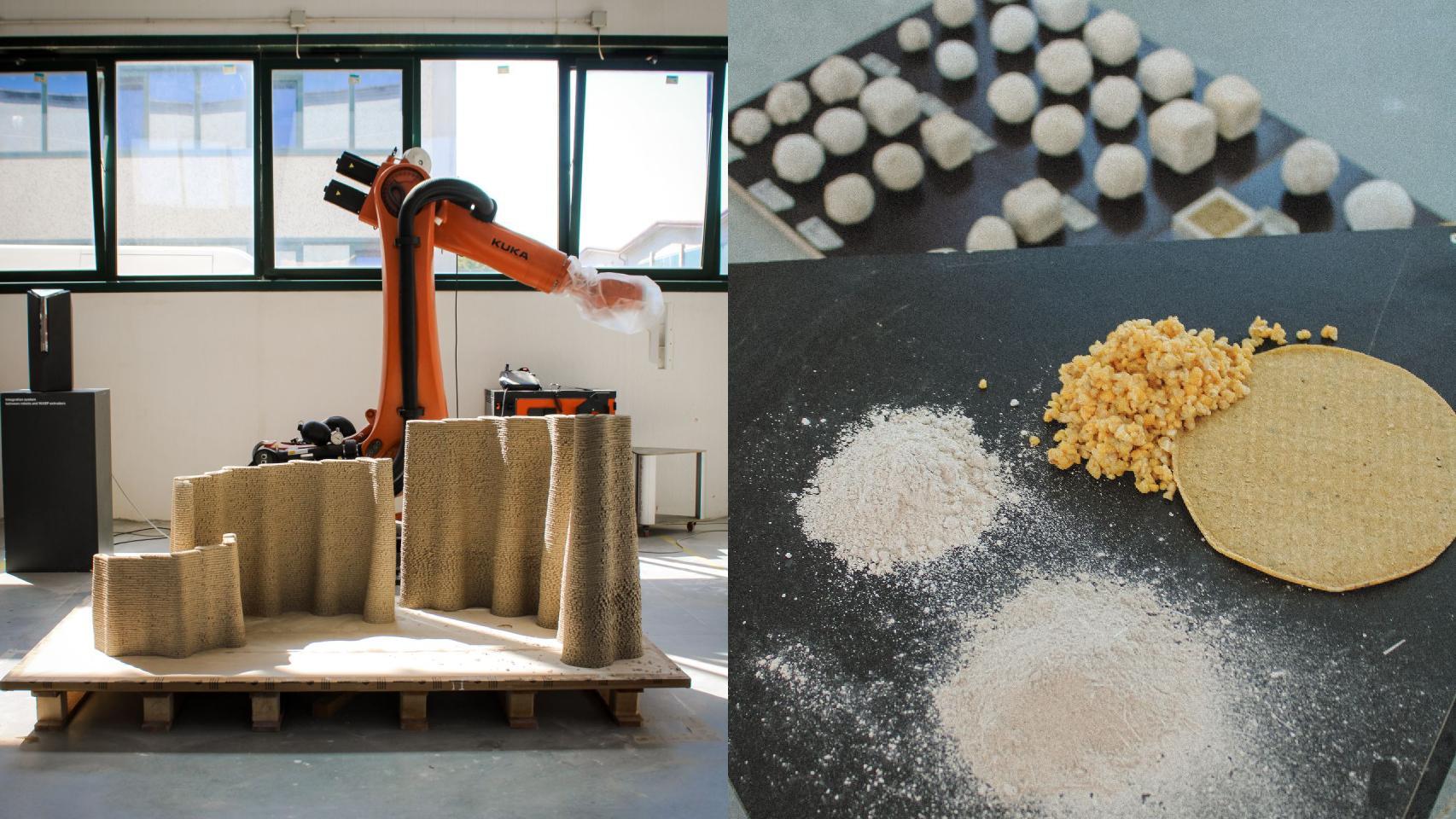 Robot de impresión 3D a la izquierda y mezclas de maíz para fabricar hormigón ecológico a la derecha