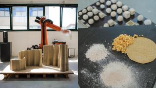 Robot de impresión 3D a la izquierda y mezclas de maíz para fabricar hormigón ecológico a la derecha