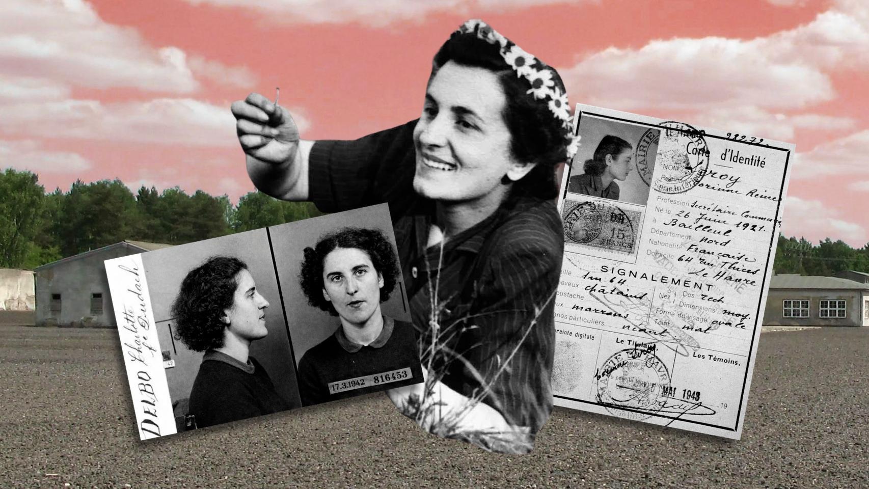 Lise London en 1942. A la izquierda, documento de identidad falso de Violette Szabo. A la derecha, ficha policial de Charlotte Delbo. Al fondo, campo de Ravensbrück. Diseño: R. Vique/ F. D. Q.