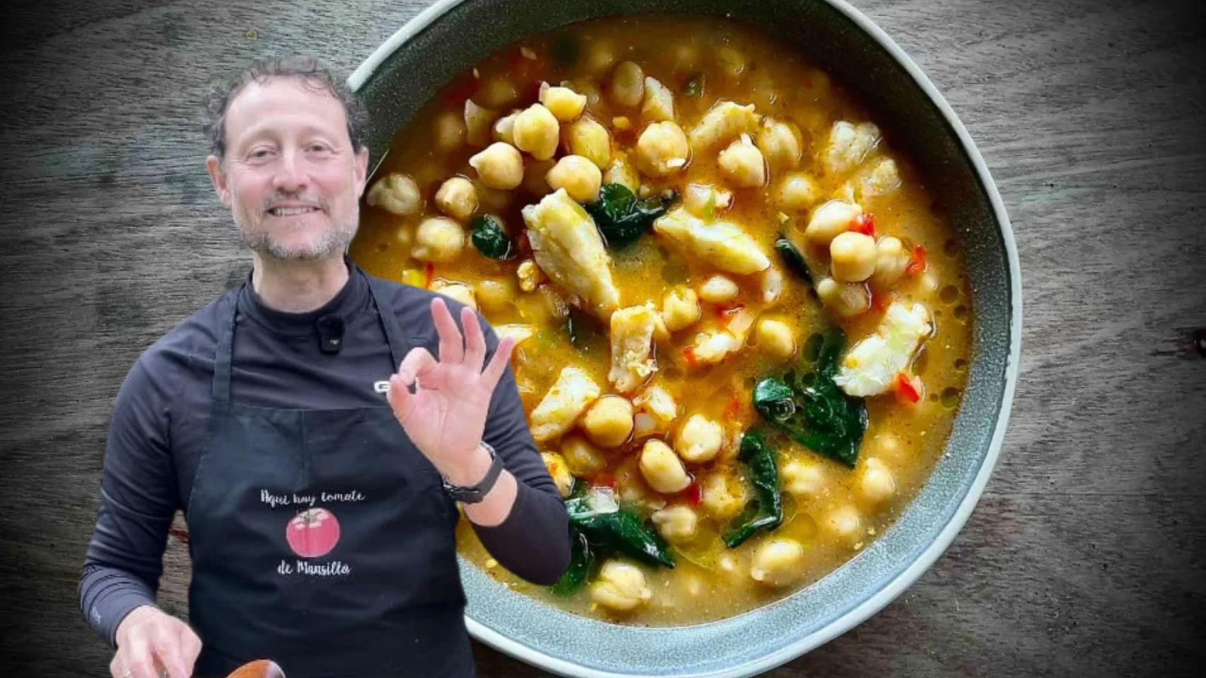 Guillermo Rodríguez y un potaje de garbanzos.