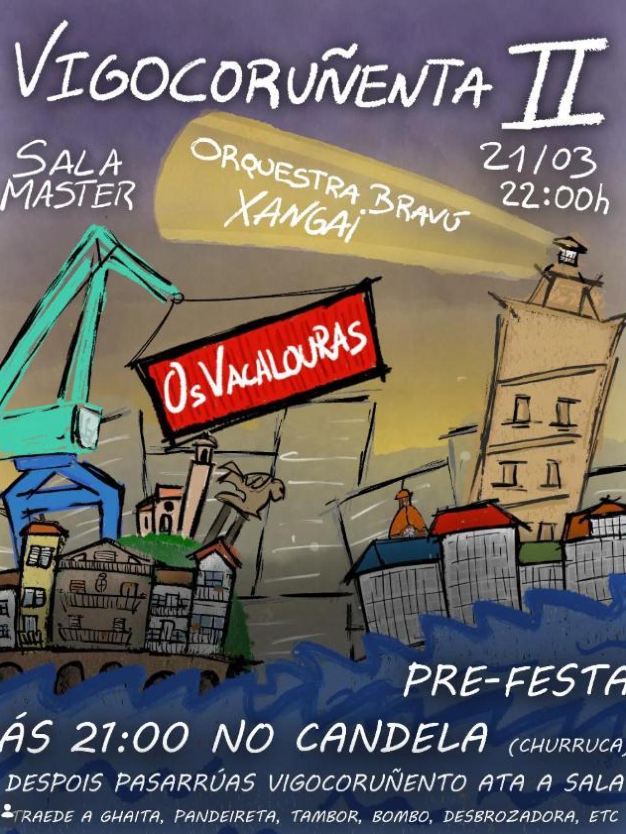 Cartel del concierto de Os Vacalouras y la Orquesta Bravú Xangai en Vigo