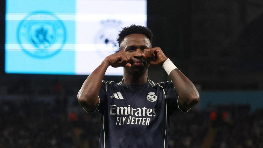 Celebración de Vinicius en el primero de los dos goles que marcó ante el Manchester City.