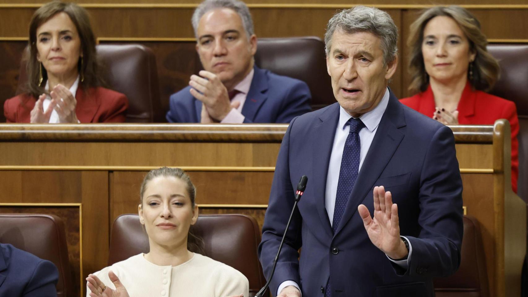 El líder del PP, Alberto Núñez Feijóo, durante su intervención en la sesión de control en el Congreso.